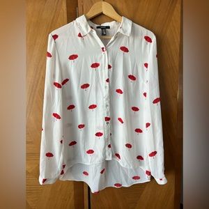 Size large Forever 21 white blouse with red umbrellas all over.